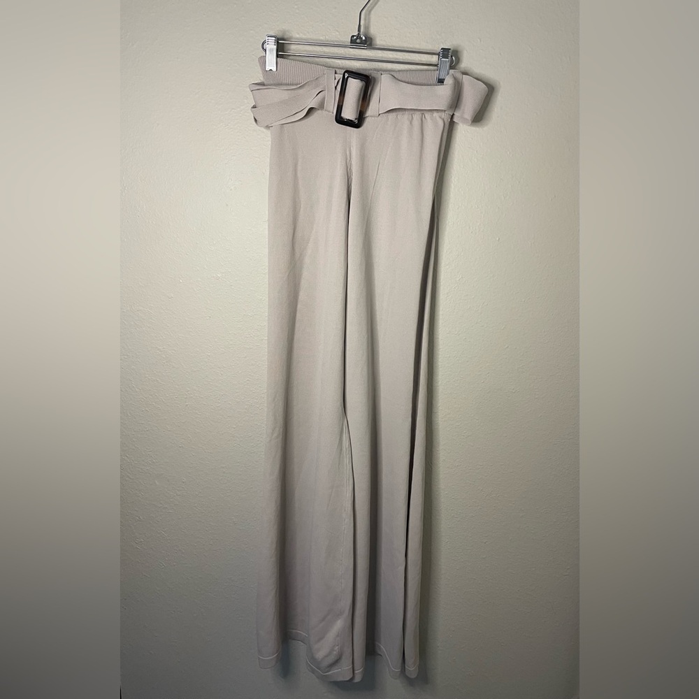 House of CB London MCKENZIE OATMEAL RIBBED KNIT WIDE LEG UTILITY TROUSERS